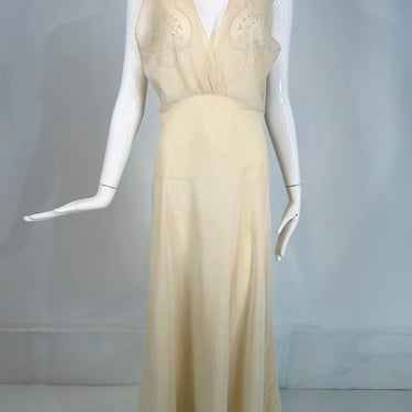 1930s Cream Bias Cut Sheer Silk Hand Embroidered &amp; Appliqued Slip Dress Gown