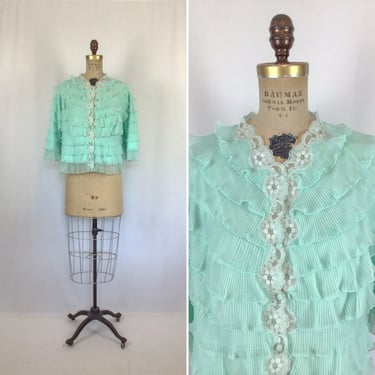 Vintage 50s bed jacket | Vintage aqua ruffle bed jacket | 1950s Loungewear 