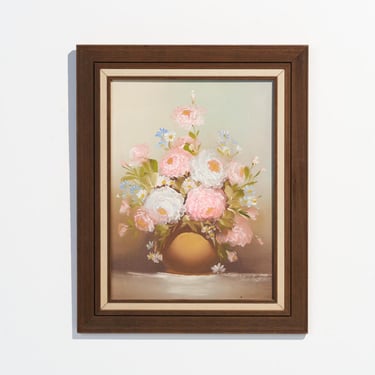 Vintage Pastel Floral Still Life Original Oil Painting on Board In Dark Wood Frame // Artist Signed 