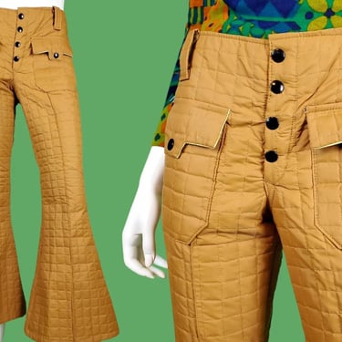 1960s mod quilted pants. Vintage hiphuggers. Winter. Ski, insulated. Beatles Monkees 60s. Low rise bells. Snap fly. Unique novelty. (XS/S) 
