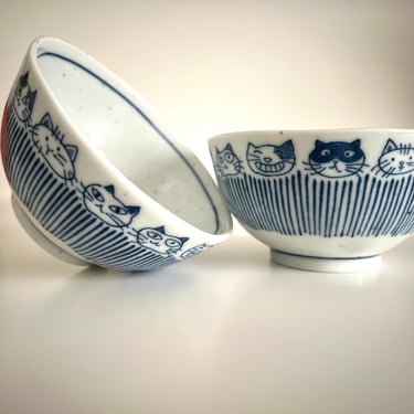 Vintage Japanese Cat Motif Rice Bowls 