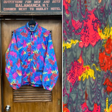Vintage 1960’s Size L Krazy Trippy Mod Psychedelic Pop Art Windbreaker Jacket, Hidden Hood, 60’s Vintage Clothing 