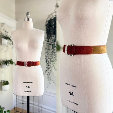 Vintage 1970s Belt | 70s Suede Two-Tone Suede Burgundy Red Mustard Yellow Boho Hippie Color Block Belt | medium/large 