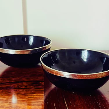 Horn Bowls with Silver Rims,Pair