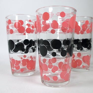 Trio Mid Century Pink & Black Polka Dot Glasses Tall Boy Tumbler 1950s Atomic Moon Glassware Vintage Hazel Atlas 8oz Barware Drinkware Set 3 