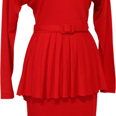 80s Vintage Red Wool Long Sleeve Peplum Dress By Kathryn Conover