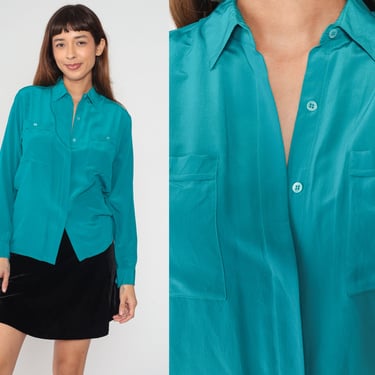 Teal Silk Blouse 90s Button Up Top Collared Shirt Formal Preppy Plain Chest Pockets Long Sleeve Blue Green Vintage 1990s Medium 