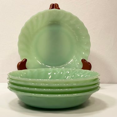 5 Fire King Jadeite Shell / Scalloped Wide Soup Bowls 