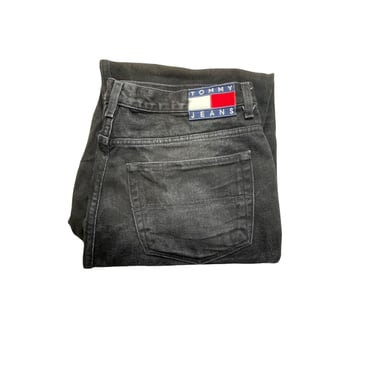 Vintage Tommy Hilfiger Black Jeans, Flag Patch, Loose Fit, Size 38 