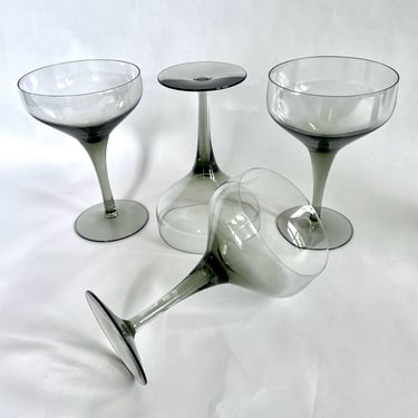 4 Vintage Smoke Grey Gray, Orrefors Rhapsody Sweden Champagne Coupes or Wine Glasses - Mid Century or Scandinavian Modern, Wide Mouth 