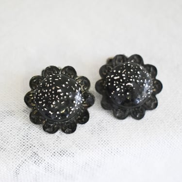 1960s Black Enamel Daisy Clip Earrings 