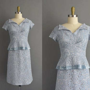 vintage 1950s dress | Norman Original Blue Lace Cocktail Party Wiggle Dress | Medium | 50s dress 