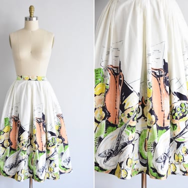 1950s Daily Catch skirt/ vintage 50s novelty skirt/ novelty cotton skirt 