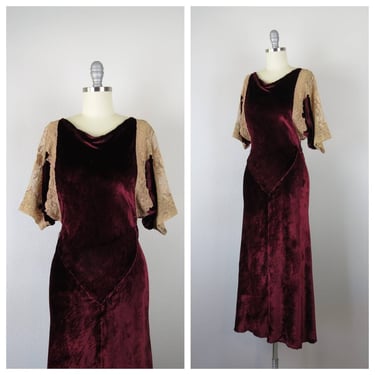 Vintage 1930s silk velvet dress bias cut cowl neck bell sleeves Alencon lace 
