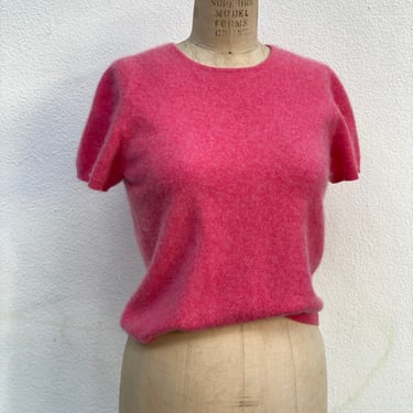 Vintage Cashmere Sweater / Mid Century Style Cropped Short Sleeve Sweater / Bright Pink Sweater / Cashmere Short Sleeve Knit Top 