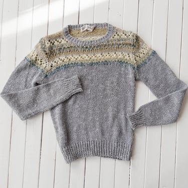 Fair Isle sweater | 70s 80s vintage blue gray yellow Nordic folk style cottagecore knitted lightweight tight sweater 