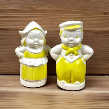 Antique Novelty Salt & Pepper Shaker Set Bright Yellow Celluloid Plump Lady and Man with Cork Stoppers | Very RARE! 