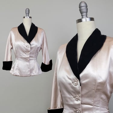 1940s Jacket / Silk Satin Jacket / Peplum Jacket  / Dior New Look / Bar Jacket / 1950s Women's Jacket / Evening Jacket / Size Small 