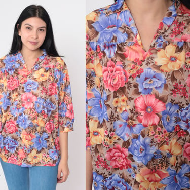 70s Floral Blouse Pleated Shirt Collared V Neck Top Flowy Relaxed Loose Tent Flower Print 3/4 Sleeve Summer Boho Retro Vintage 1970s Medium 