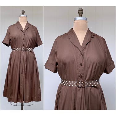 Vintage 1950s Volup Brown Cotton Shirtwaist Dress, 50s Rockabilly Dress, Mid-Century Day Dress, Size 1 to 2 X 48" Bust 