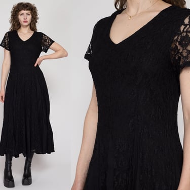 Med-Lrg 90s Black Lace Maxi Dress | Vintage Grunge Short Sleeve Gothic Boho Dress 