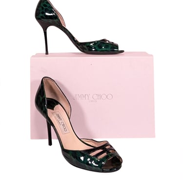 Jimmy Choo - Green Leopard Patent Leather Peep Toe Heels Sz 7.5