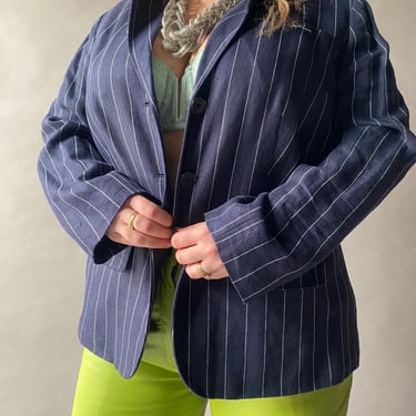 Vintage Ralph Lauren Blazer / Vintage Navy Blue Pinstriped Blazer / Vintage Ralph Lauren Linen Pinstripe Blazer XL / Plus Size y2K Vintage 