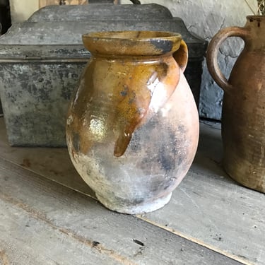 Antique Pottery Jug, 19th C Terra Cotta Pot, Earthenware, Crème brûlée Color Partial Slip Glaze, Rustic European Farmhouse, Damages 