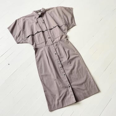 1990s Taupe Grey Cotton Snap Front Dress 