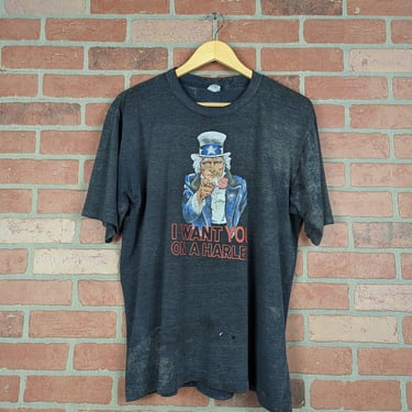 Vintage 80s Heavily Distressed Harley Davidson "I Want You on a Harley" ORIGINAL Uncle Sam Parody Tee - Large / Extra Large 