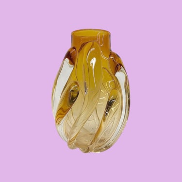 Vintage Donna Fein Vase Retro 1980s Contemporary + Art Glass + Hand Blown + Amber Yellow + Spiral Design + Modern Home Decor + Decoration 