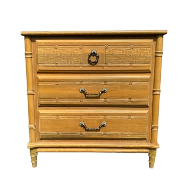Faux Bamboo Nightstand with 3 Drawers 31" Tall - One Vintage Yellow Wooden Bedside Table Chest Hollywood Regency Coastal Furniture 