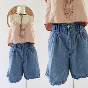 high waist ramie shorts 32-34 - vintage 90s 1990s womens blue distressed high waisted cotton 