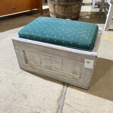 Rustic Wooden Ottoman with Dark Green Patterned Cushion