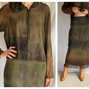 90's Mesh Dress / High Waist Skirt and Zip Up Hooded Shirt Set / Grunge Green Brown Tie Dye / Casual Wear / Mesh Rayon / sheer Blouse Shirt 