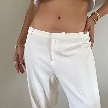 90s silk pants / vintage creamy white silk slouchy mid rise flat front ivory Ellen Tracy trouser pants |  34 waist 