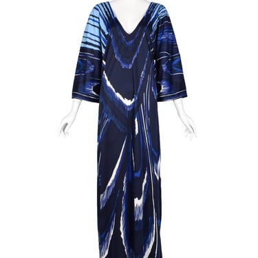 Roberta di Camerino Vintage 1978 Blue Feather Print Trompe L'oeil Maxi Dress