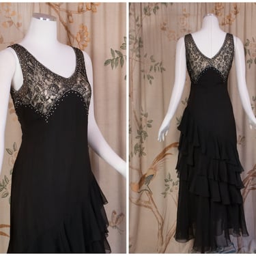 1930s Dress -  Incredible Sexy Vintage 30s Black Silk Chiffon Gown with Bias Cut Tiers and Rhinestone Studded Lace Illusion Bust 