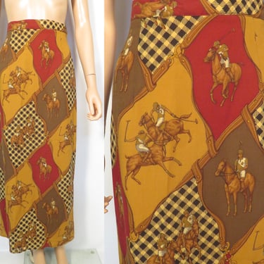 Vintage 80s/90s Polo Horse Print Wool Maxi Skirt Made In USA Size 28 Waist 