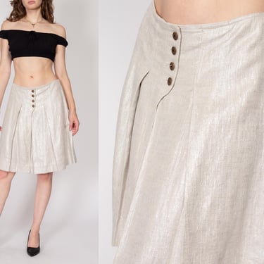 Small Y2K Gunex Silver Linen Pleated Skirt | Vintage Metallic Made In Italy Mid Rise Knee Length Shiny Skirt 