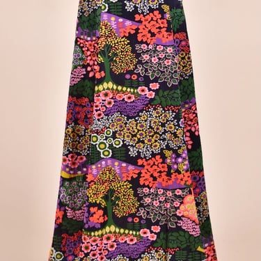 Multicolor Amazing Tree and Flower Printed 70s Maxi Skirt, XS