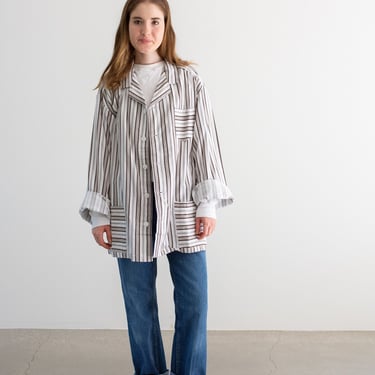 Vintage Brown White Striped Shirt Jacket | Unisex Flannel Stripe Cotton Pajama Chore shirt | L | SJ026 