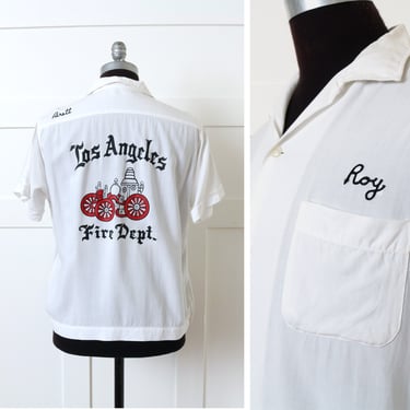 mens vintage 1960s gabardine bowling shirt • Los Angeles Fire Department white short sleeve shirt 