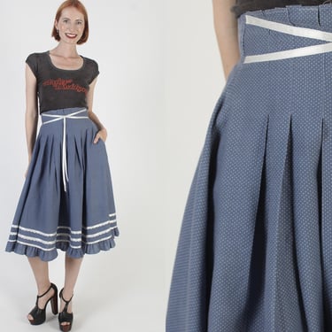 Swiss Dot Gunne Sax Skirt With Pockets, 70s Tiered Floral Country Apron, Blue High Waist Prairie Cottagecore Style 