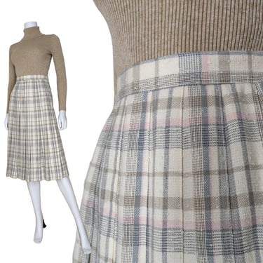 Vintage Pleated Plaid Skirt, Small Medium / 1980s Off White Top Stitch Pleated Skirt / Neutral Tone Linen Look Skirt 
