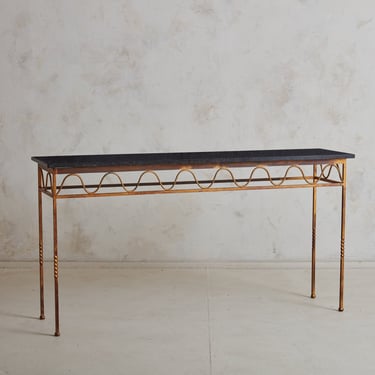 Gilt Iron Squiggle Console Table with Black Marble Top, 1940s