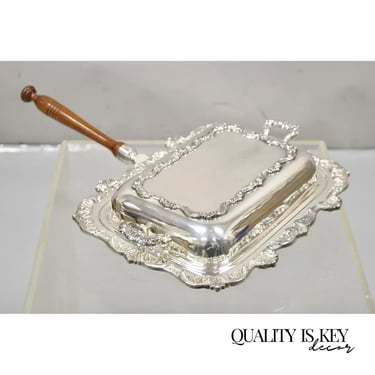 Vintage Poole Silver Co Victorian Silver Plated Serving Platter w/ Wooden Handle