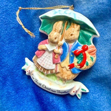 First Christmas Together Vintage Ornament, Beatrix Potter, Date 1989, Ceramic, Holiday Tree Decor 