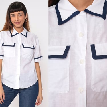White Blouse 90s Button up Shirt Short Sleeve Navy Blue Striped Trim Top Retro Preppy Summer Secretary Vintage 1990s Talbots Extra Small xs 