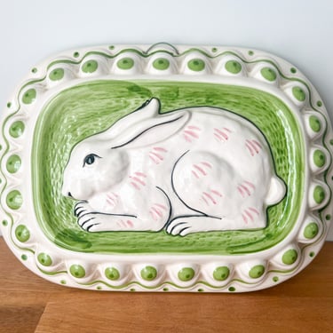 Vintage Ceramic Green and White Bunny Dish. Sigma the Tastemaker Japanese Rabbit Plaque. 